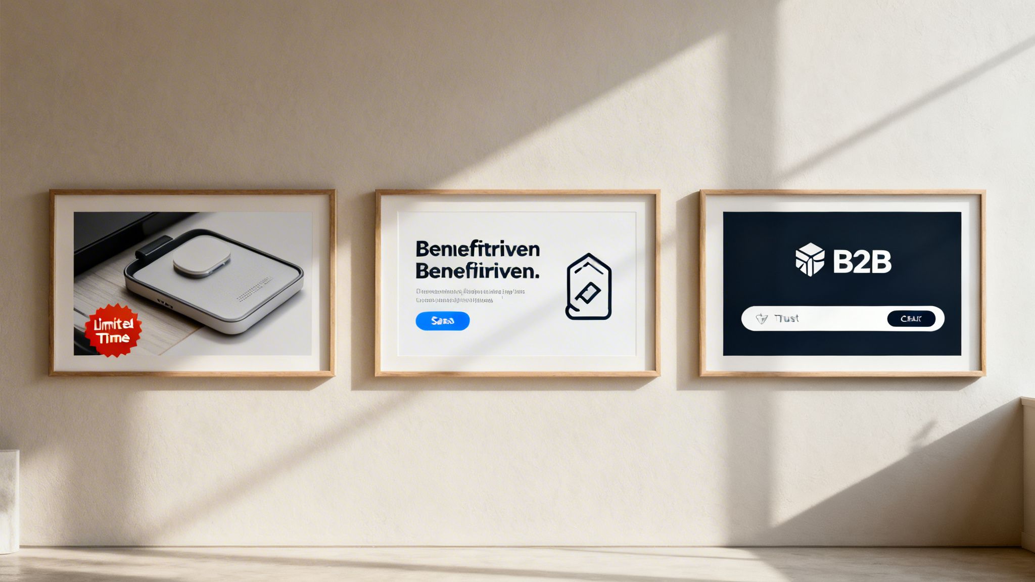 Three framed banner advertisements displayed on a wall, featuring tech devices, business services, and a B2B platform.