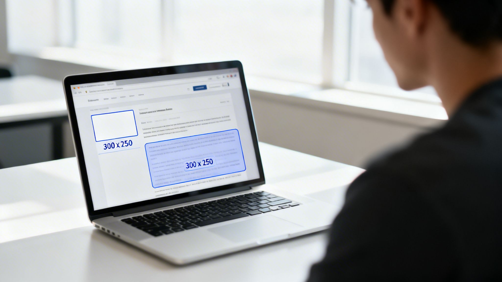 Person looking at a laptop screen highlighting two '300 x 250' banner ad placements on a webpage.
