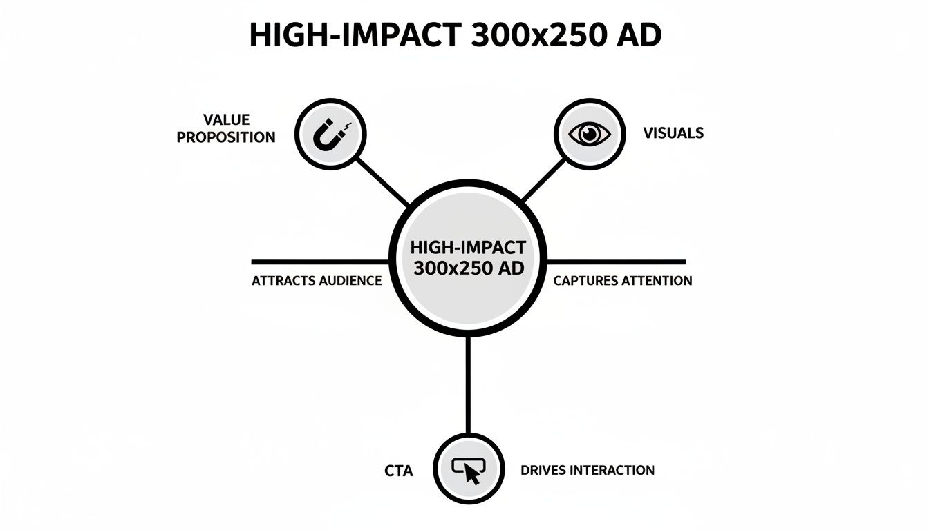 Diagram illustrating a high-impact 300x250 ad strategy with value proposition, visuals, and CTA.