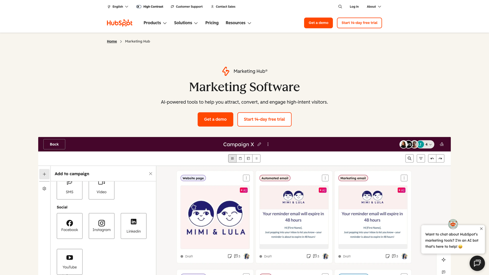 Screenshot of HubSpot Marketing Hub website