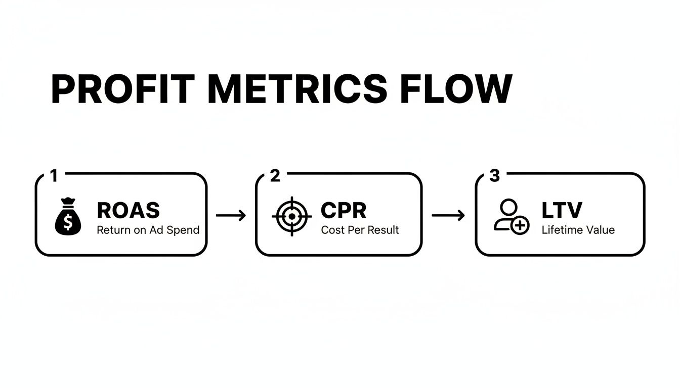 A profit metrics flow chart showing Return on Ad Spend (ROAS) to Cost Per Result (CPR) to Lifetime Value (LTV).