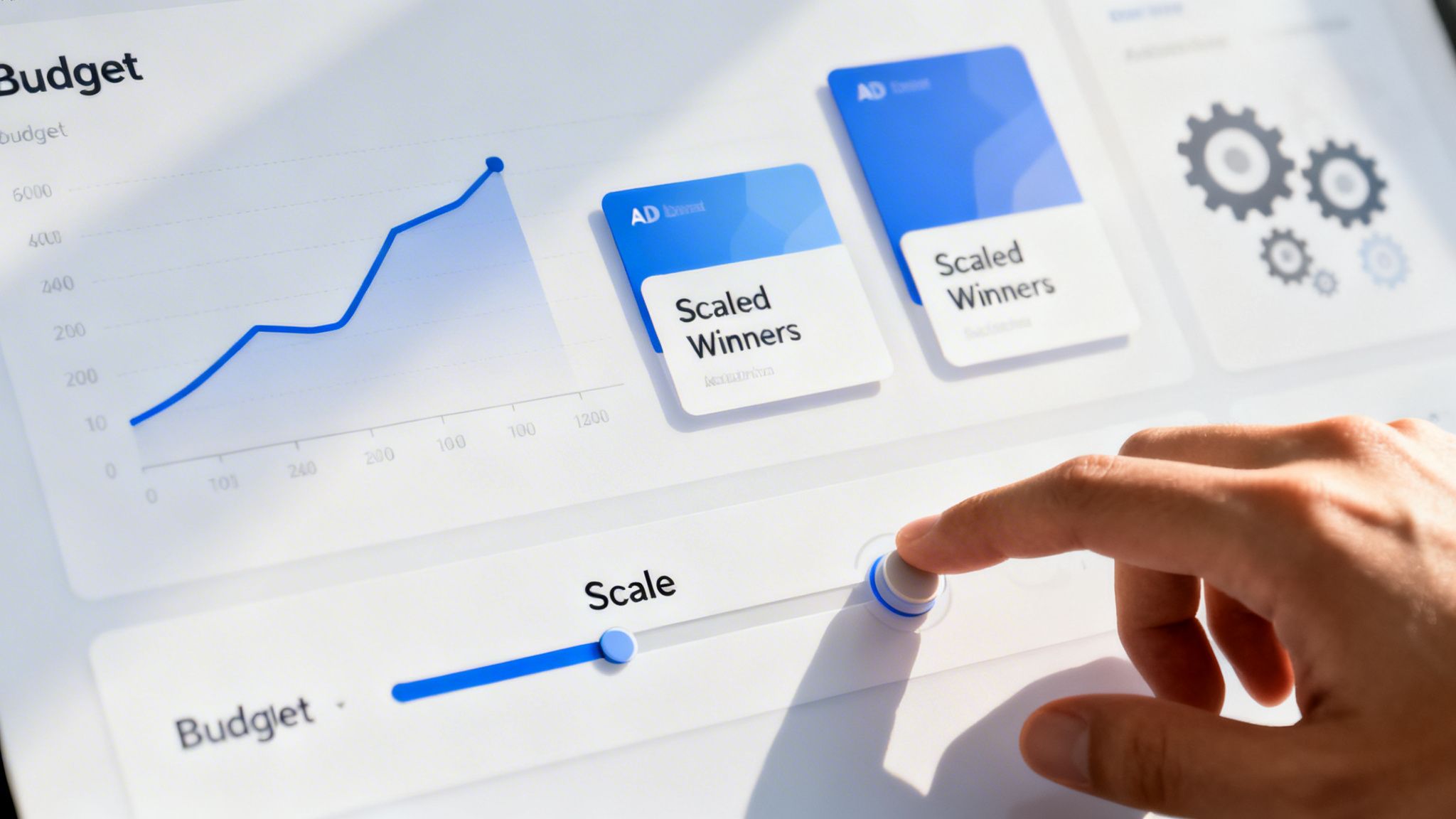 A hand adjusts a 'Scale' slider on a digital marketing dashboard, showing ad budget growth.