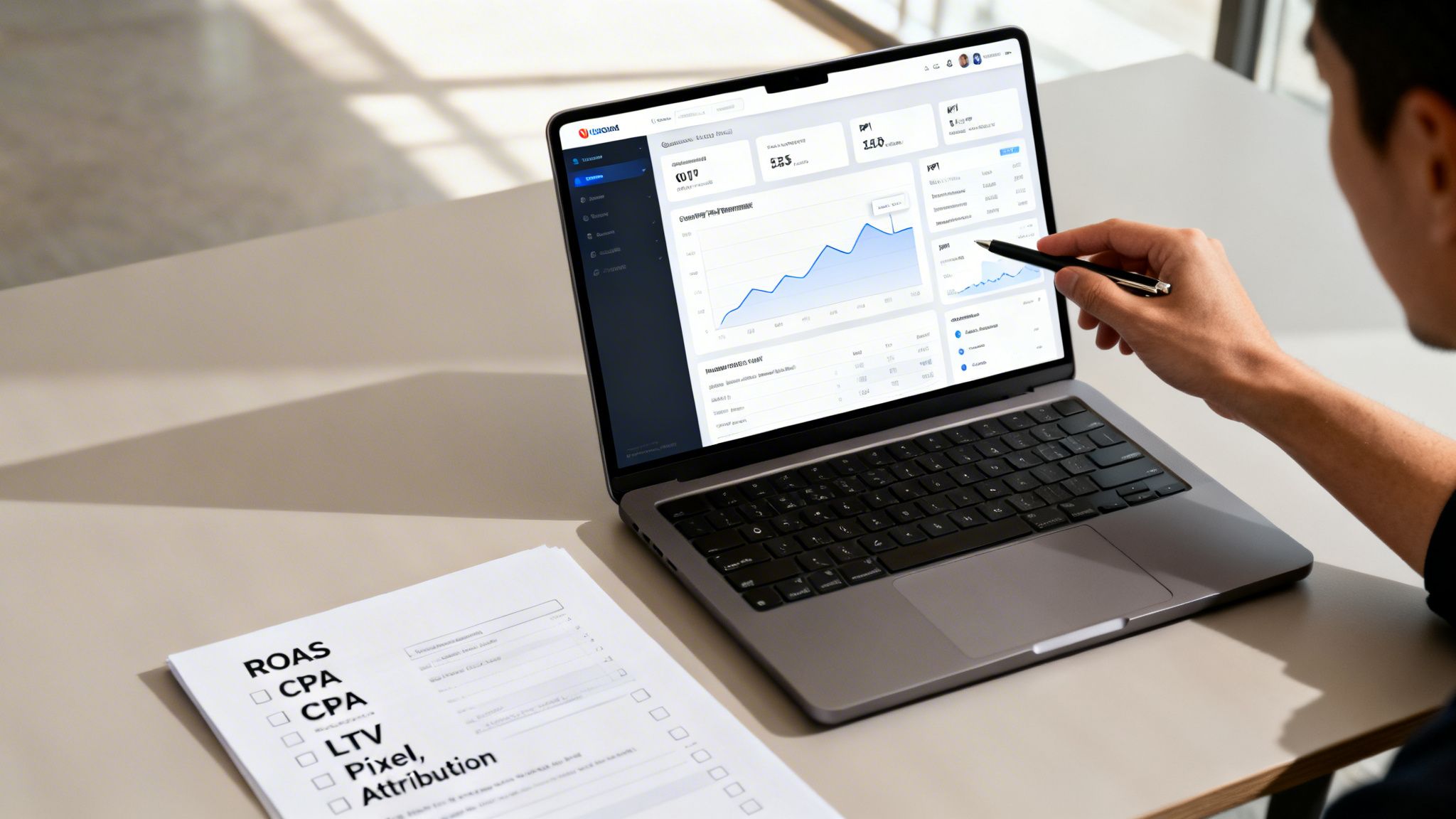 Person analyzing digital marketing metrics and a growth chart on a laptop screen with a pen.