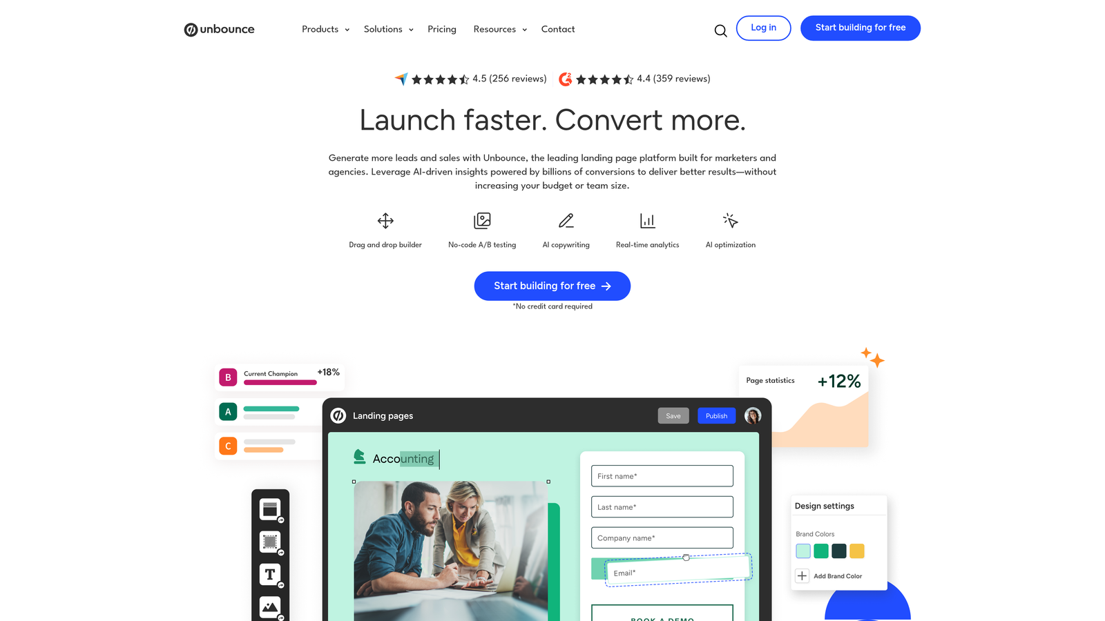 Screenshot of Unbounce website homepage