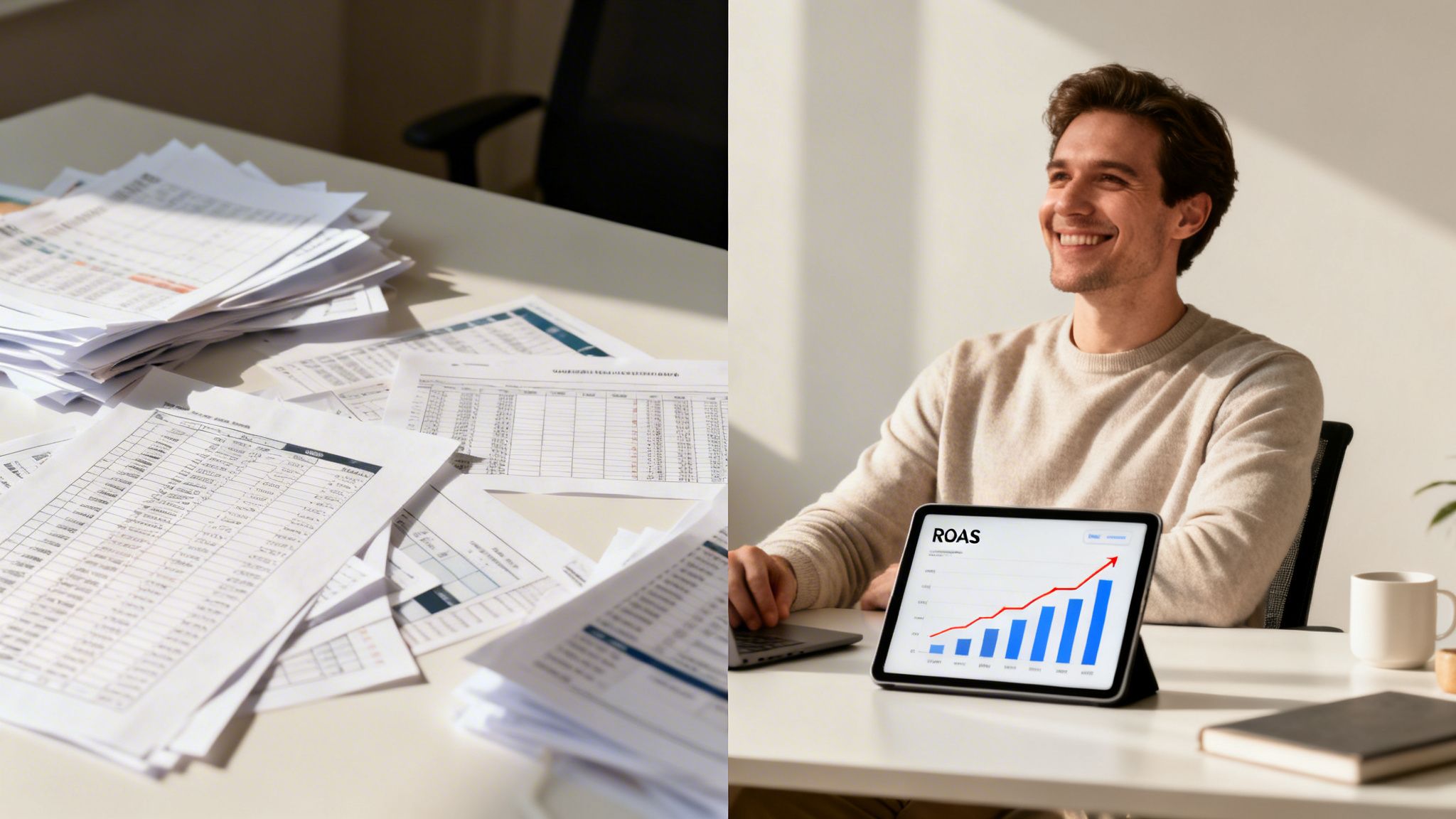 A man smiling at a tablet showing a positive ROAS graph, contrasted with a messy desk of papers.