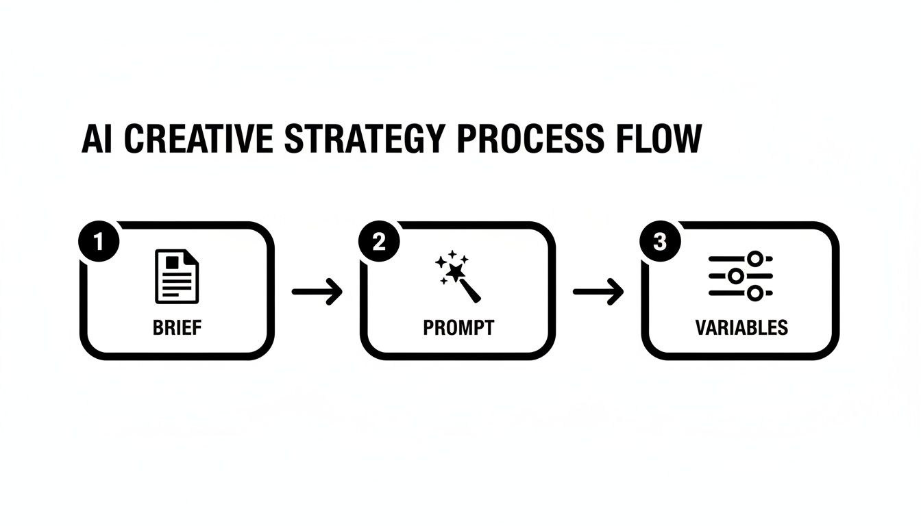 AI creative strategy process flow diagram illustrating three sequential steps: Brief, Prompt, and Variables.