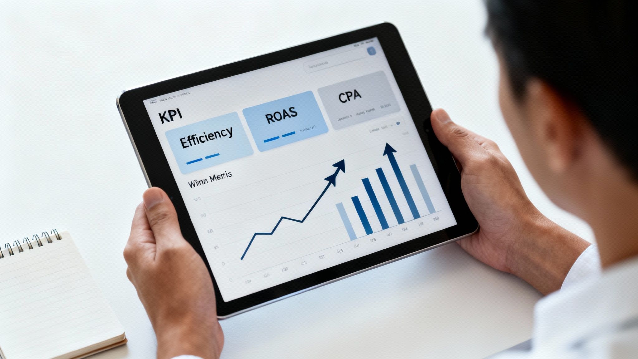 Person holding a tablet showing a business dashboard with KPI, ROAS, CPA, and an upward trending chart.