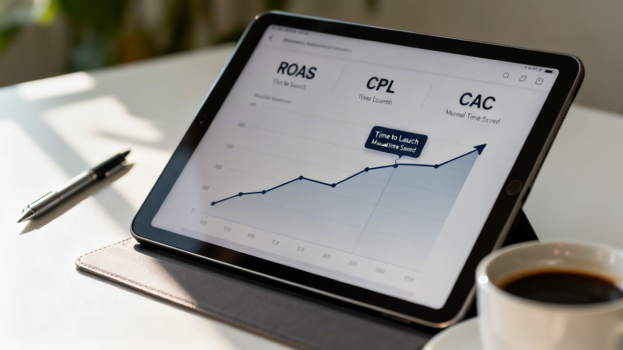 Close-up of a tablet displaying a marketing performance graph with ROAS, CPL, and CAC.