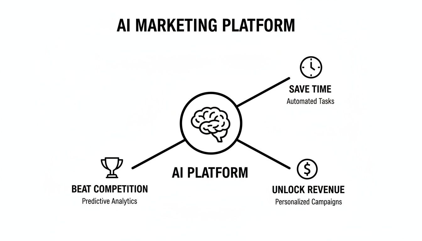 An AI marketing platform infographic illustrating benefits like saving time, beating competition, and unlocking revenue.