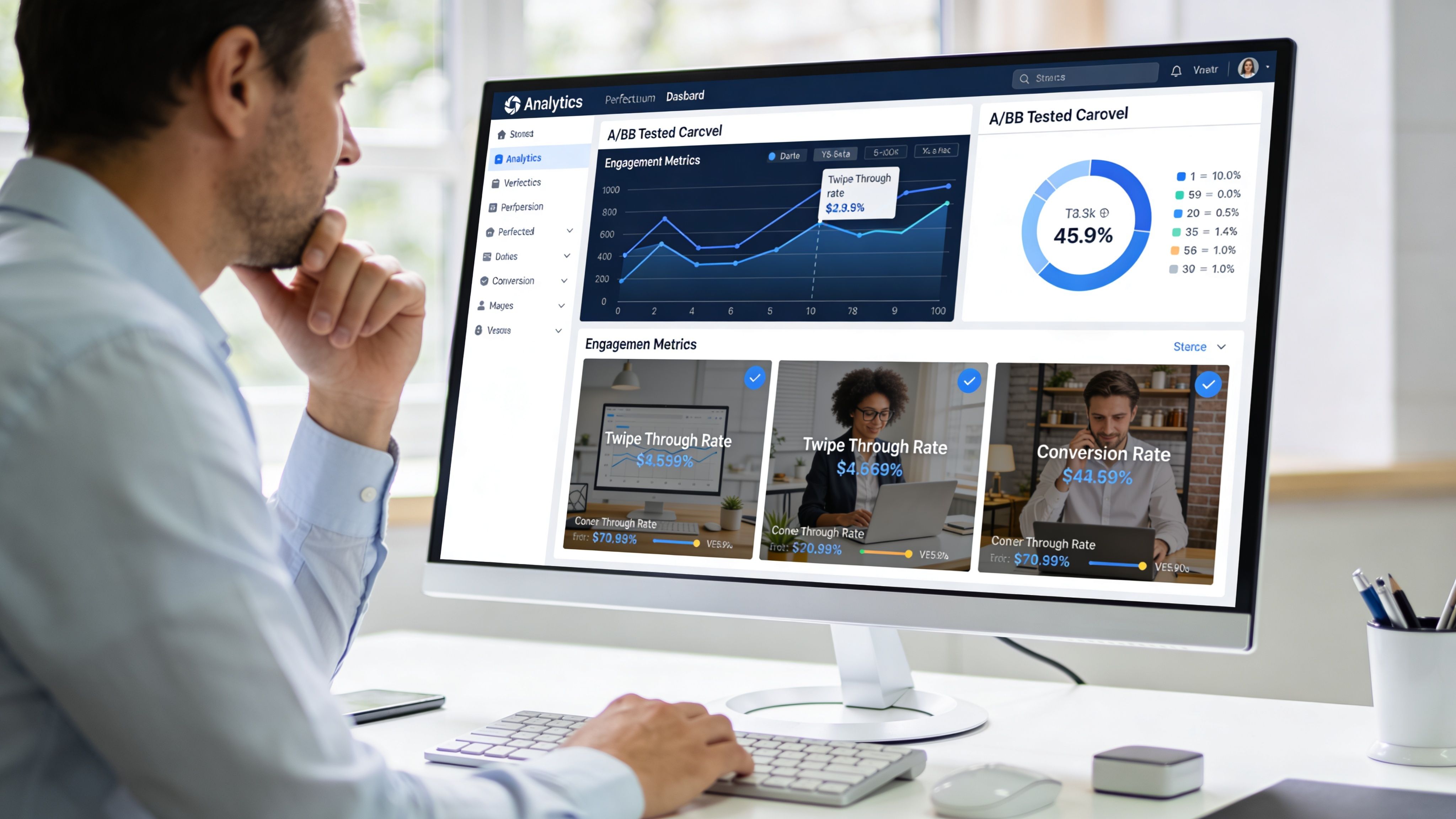A professional man reviewing data analytics for carousel post performance on a large computer screen monitor.