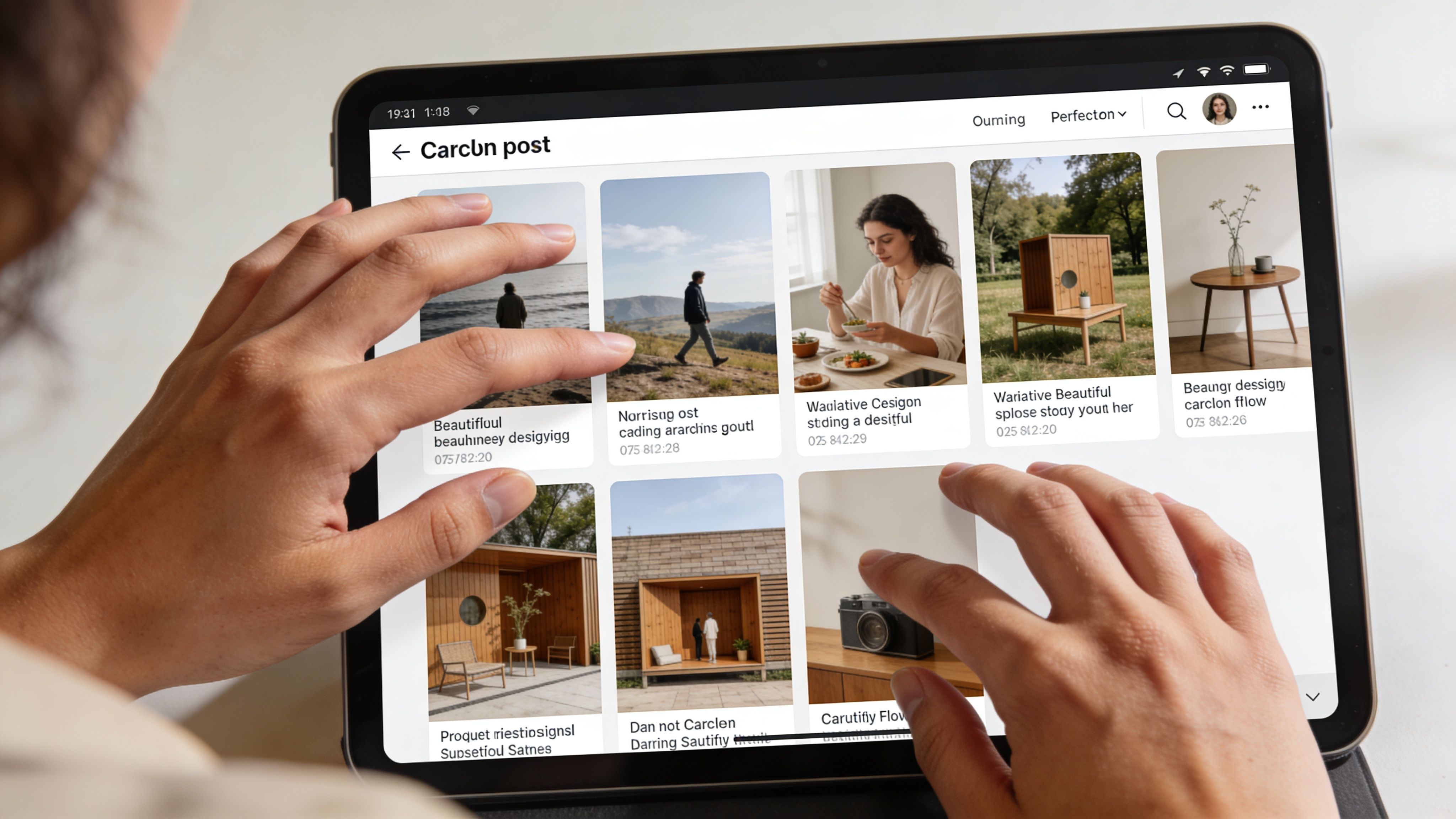 A person using an iPad to view a social media dashboard with a carousel post layout.
