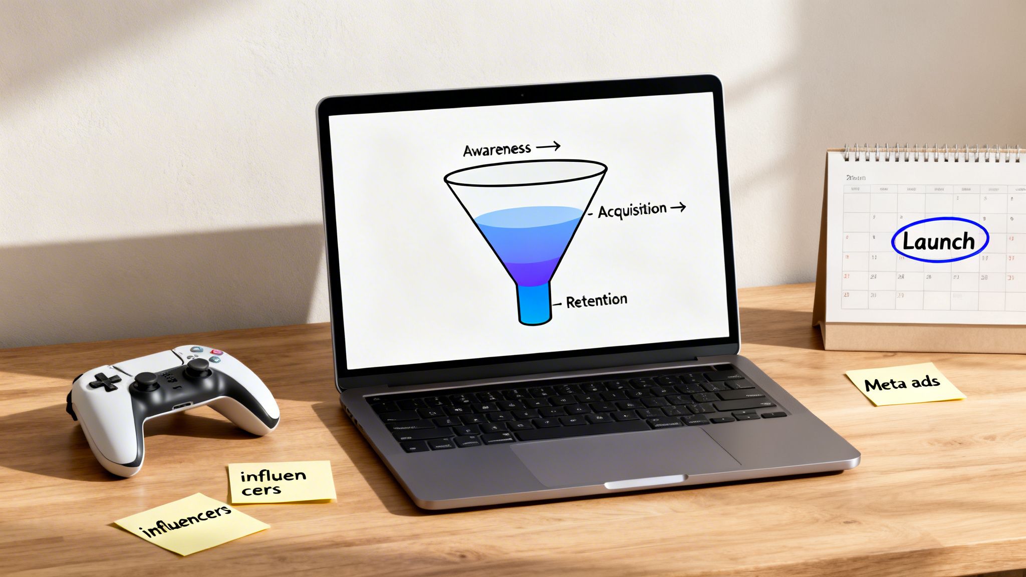 A desk with a laptop displaying a marketing funnel, game controller, launch calendar, and marketing strategy notes.