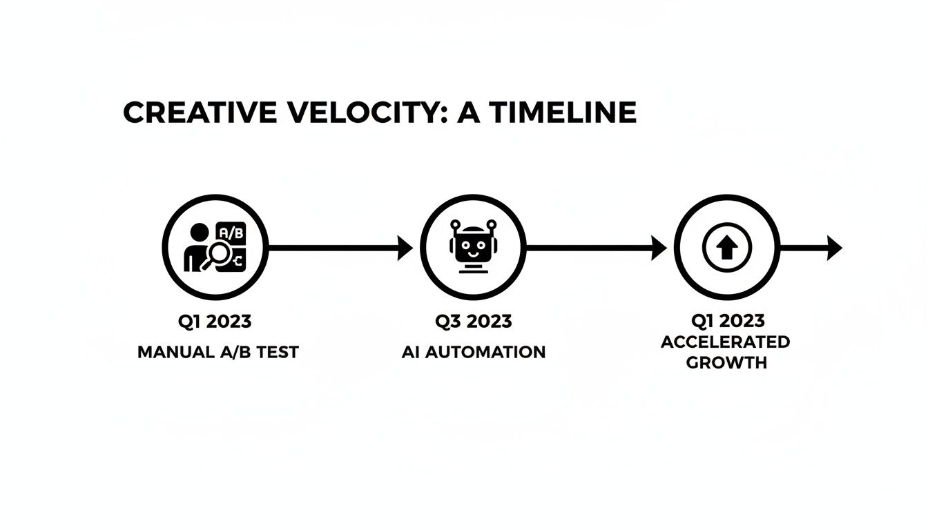 Timeline illustrating creative velocity, moving from manual A/B testing to AI automation for accelerated growth.