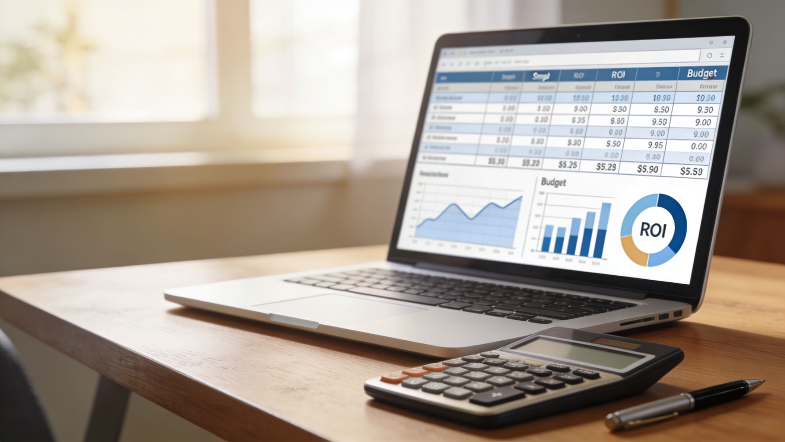 A laptop displaying financial charts and budget spreadsheets on a wooden desk with a calculator and pen.