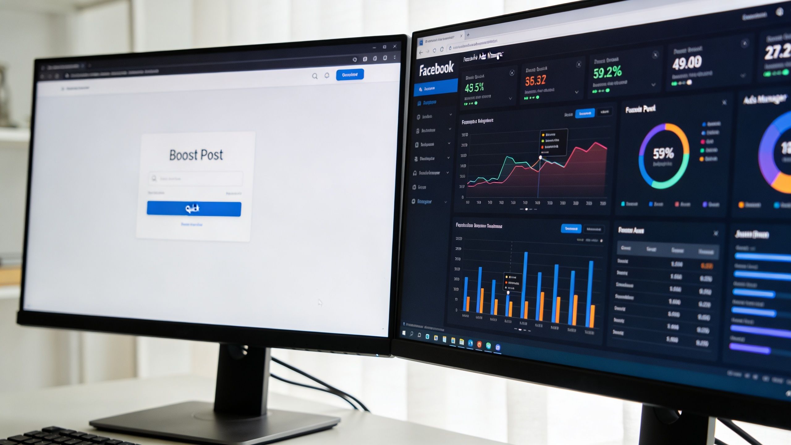 Two computer monitors displaying Facebook ad account analytics and a Boost Post interface for digital marketing.