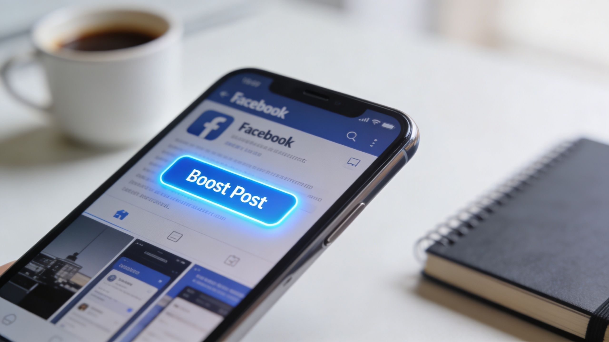 A smartphone screen displaying a Facebook interface with a prominent glowing blue Boost Post button.