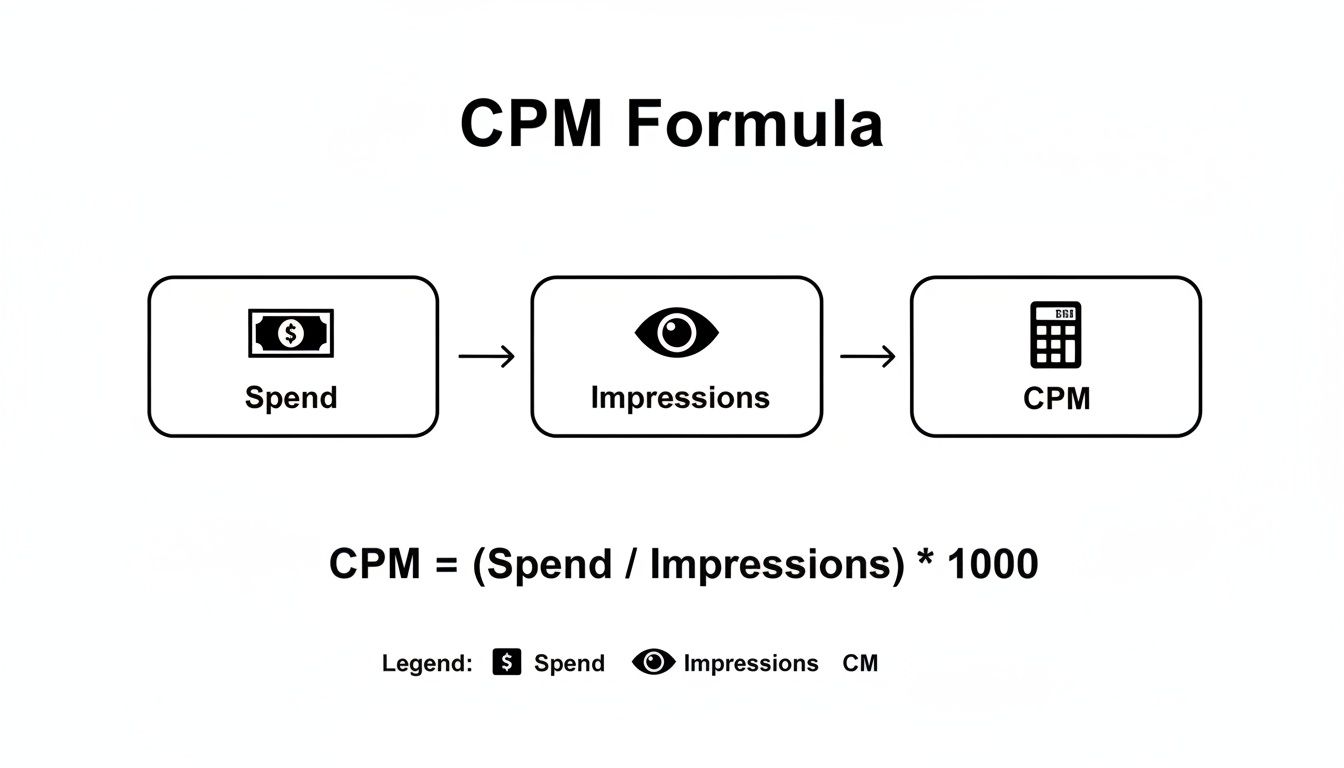 A diagram illustrating the CPM formula: CPM = (Spend / Impressions) * 1000.