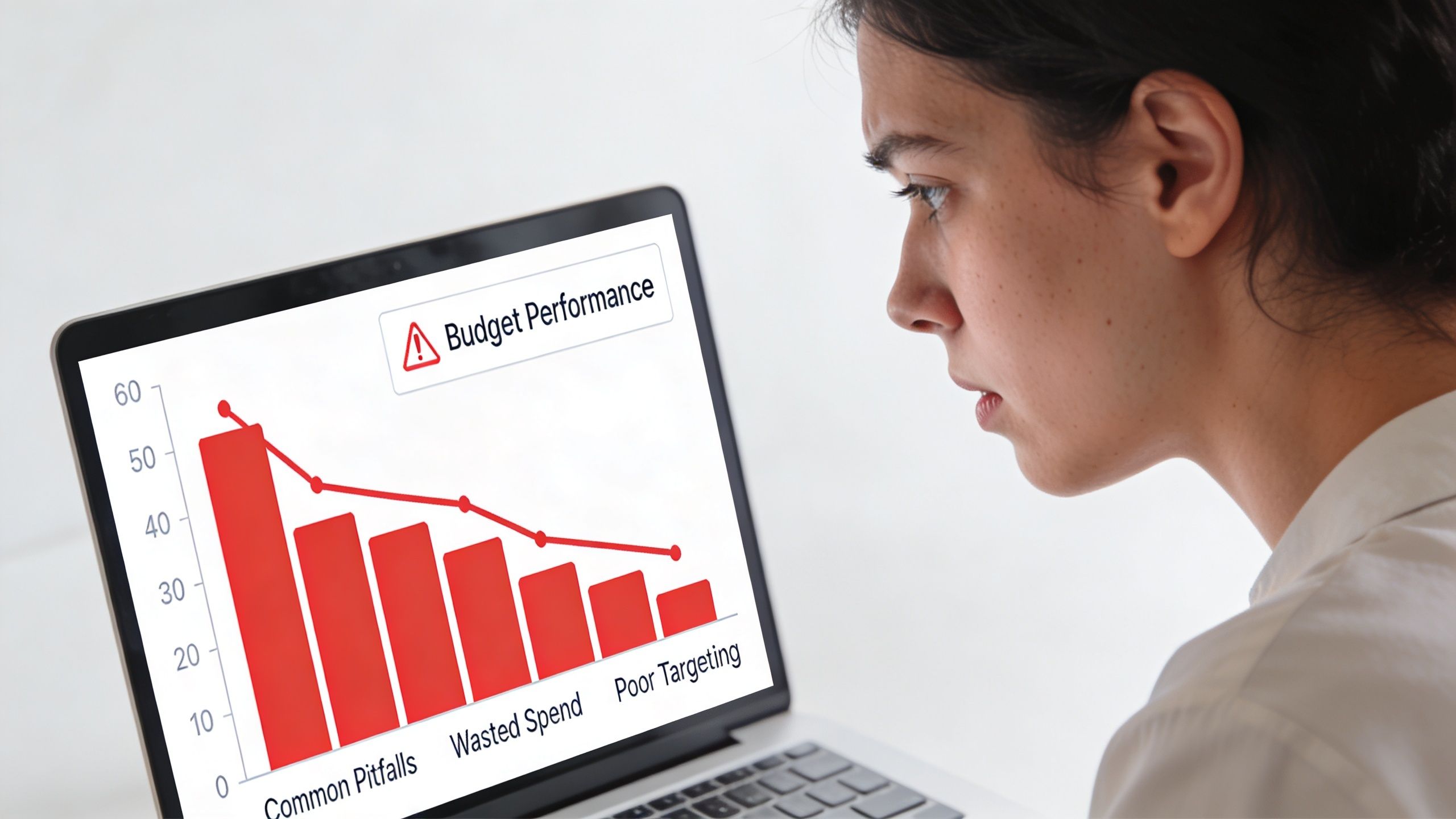 A professional woman looking concerned at a laptop screen displaying a red budget performance bar chart.