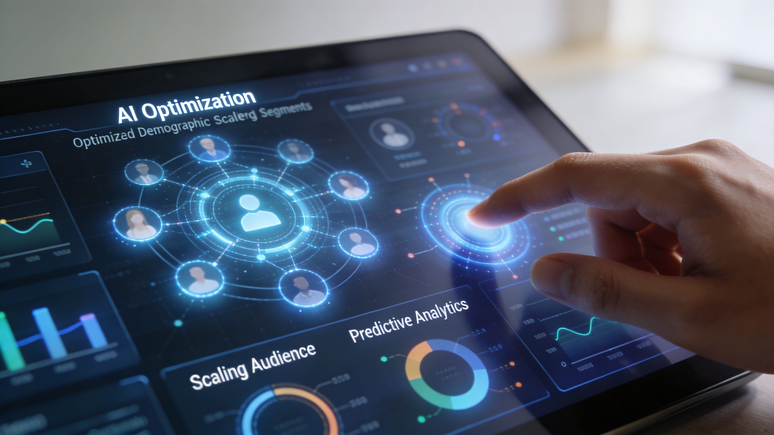 A close-up view of a person using a digital tablet to manage AI-driven demographic ad targeting analytics.
