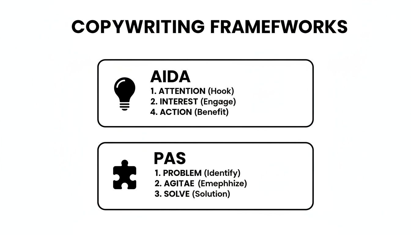 Visual guide outlining AIDA and PAS copywriting frameworks with their steps for effective communication.