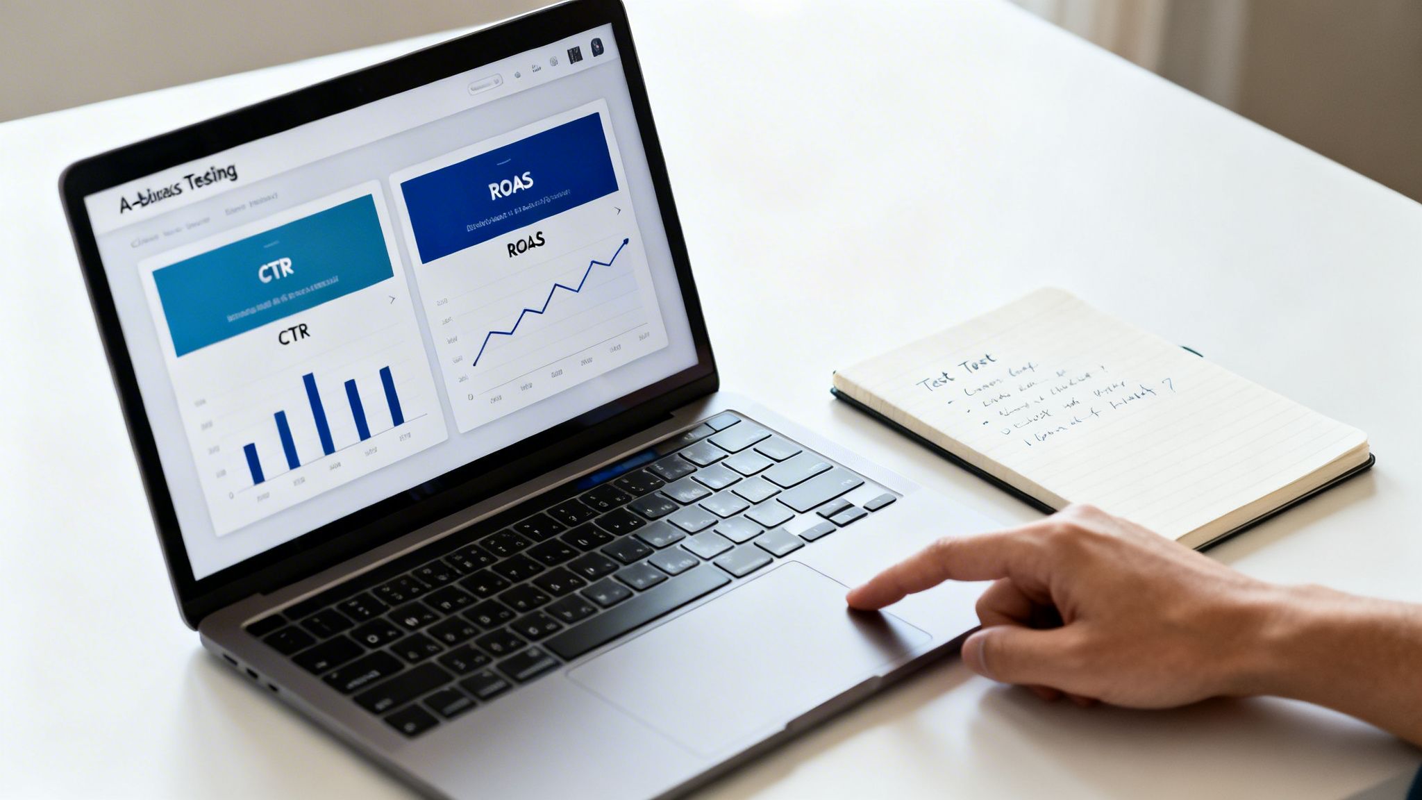 A person's hand on a laptop touchpad, displaying business analytics and charts on screen, with a notebook.