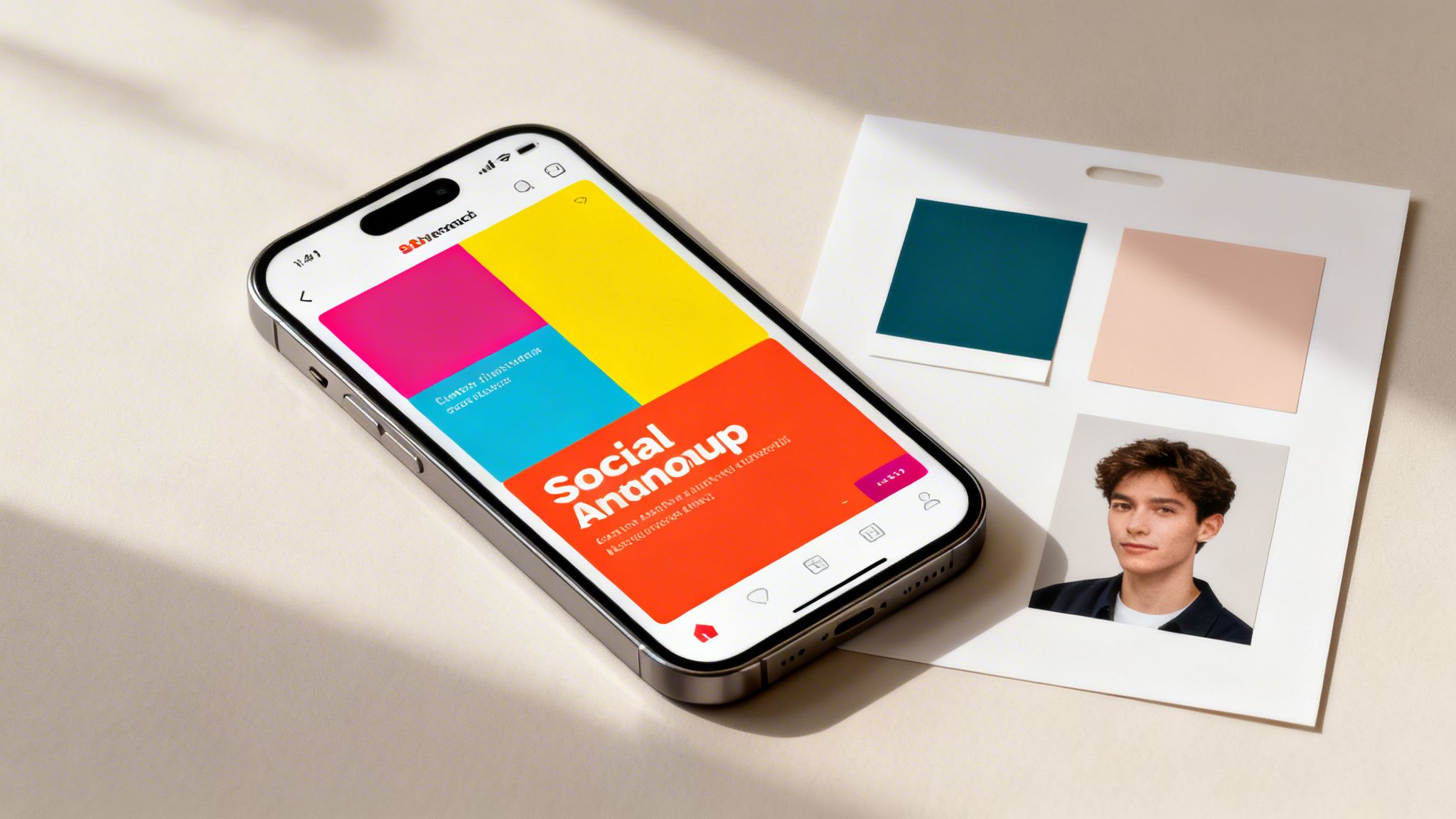 An iPhone displaying a vibrant app with color blocks sits next to a card with design elements.