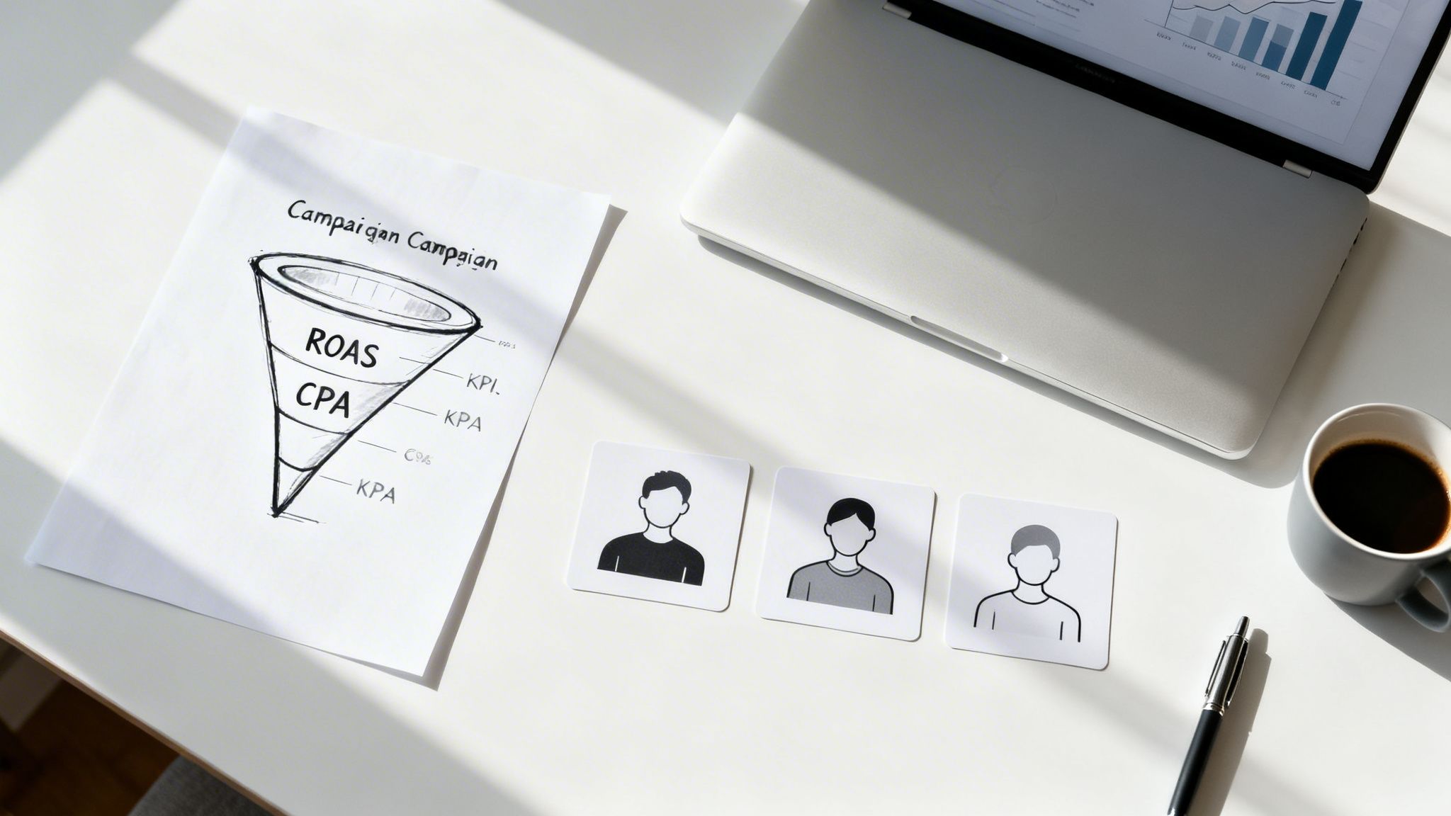 A top-down view of a marketing campaign setup with a funnel diagram, avatar cards, a laptop, and coffee.