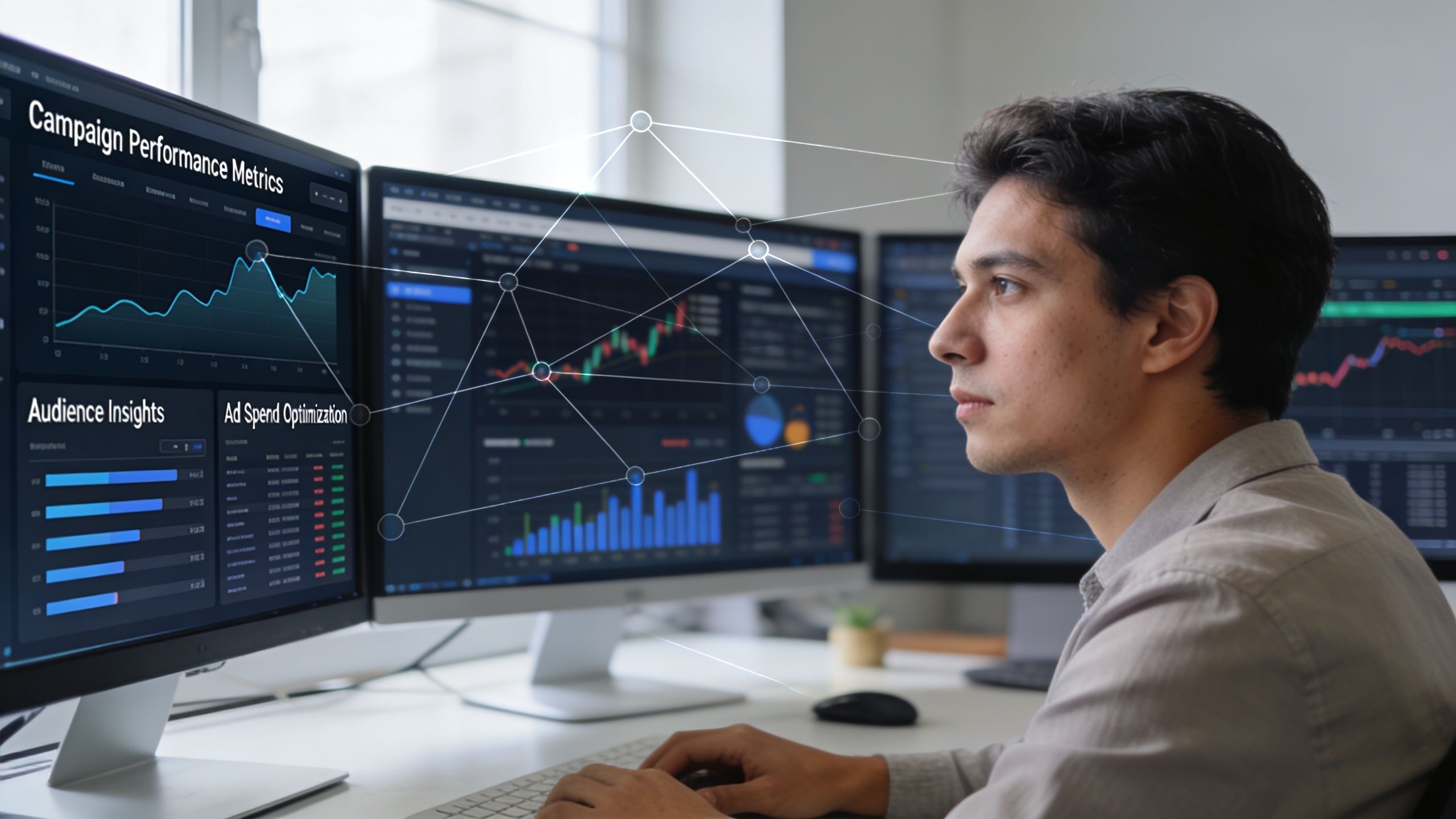 A digital media buyer analyzing complex data dashboards on multiple computer monitors in a modern office.