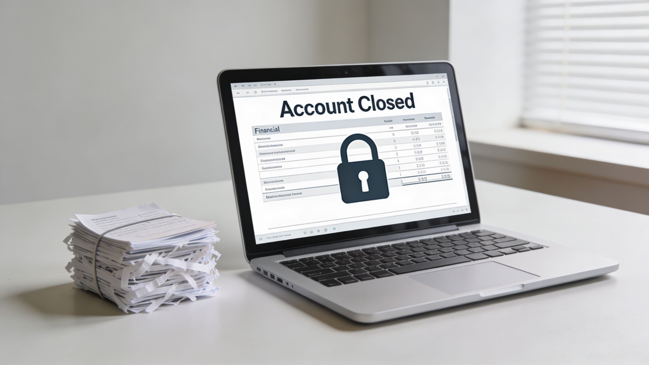 A silver laptop sits on a white desk displaying an account closed message with a padlock icon.