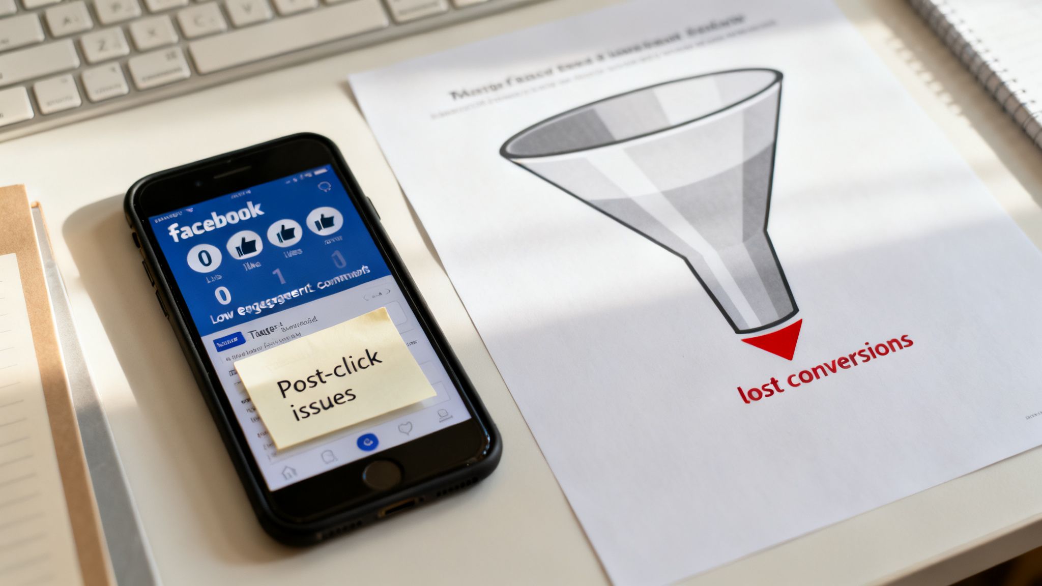 A smartphone displays low Facebook engagement metrics next to a paper with a funnel symbolizing lost conversions.