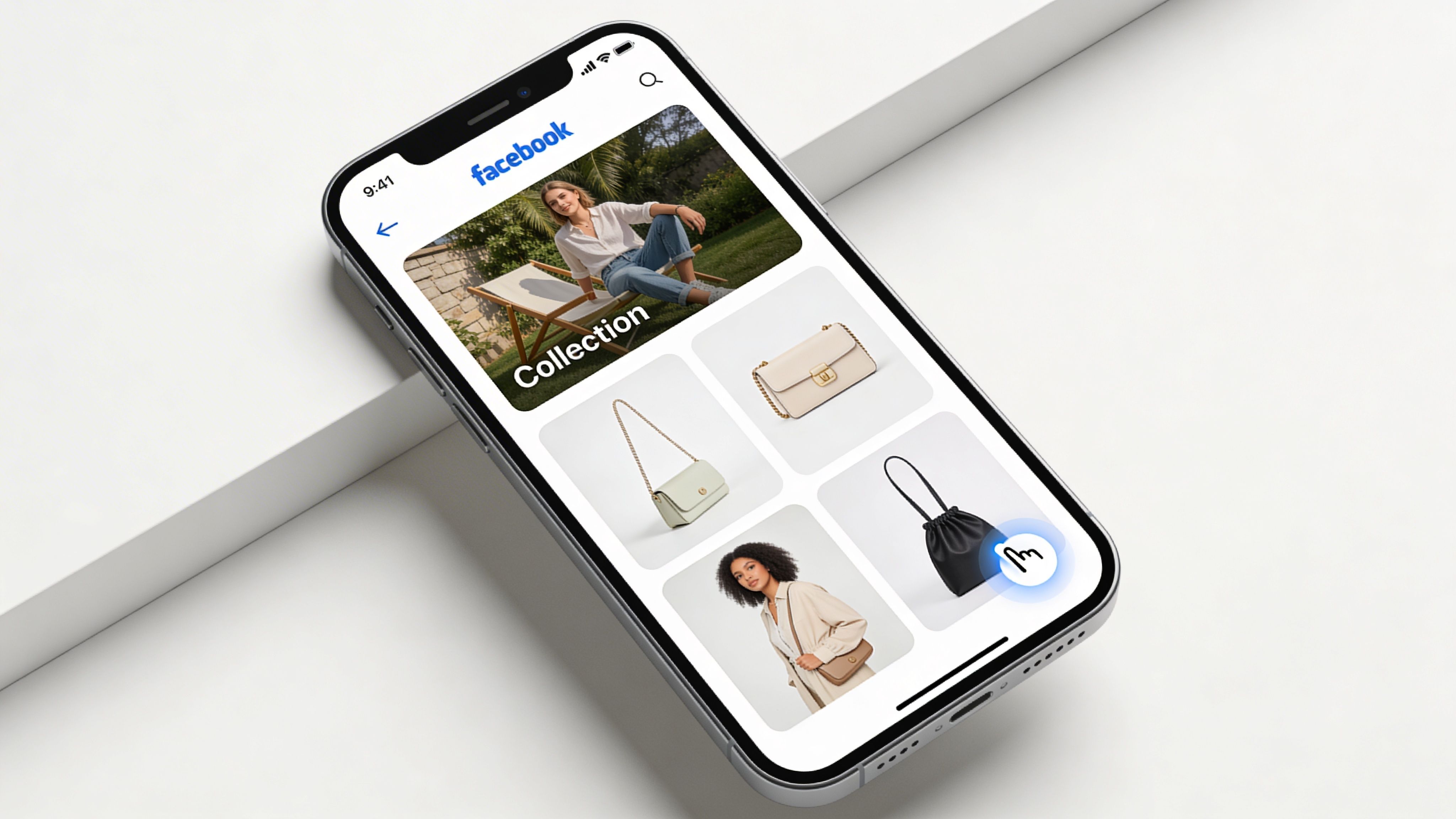 A smartphone screen displaying a Facebook collection ad featuring images of handbags and a model.