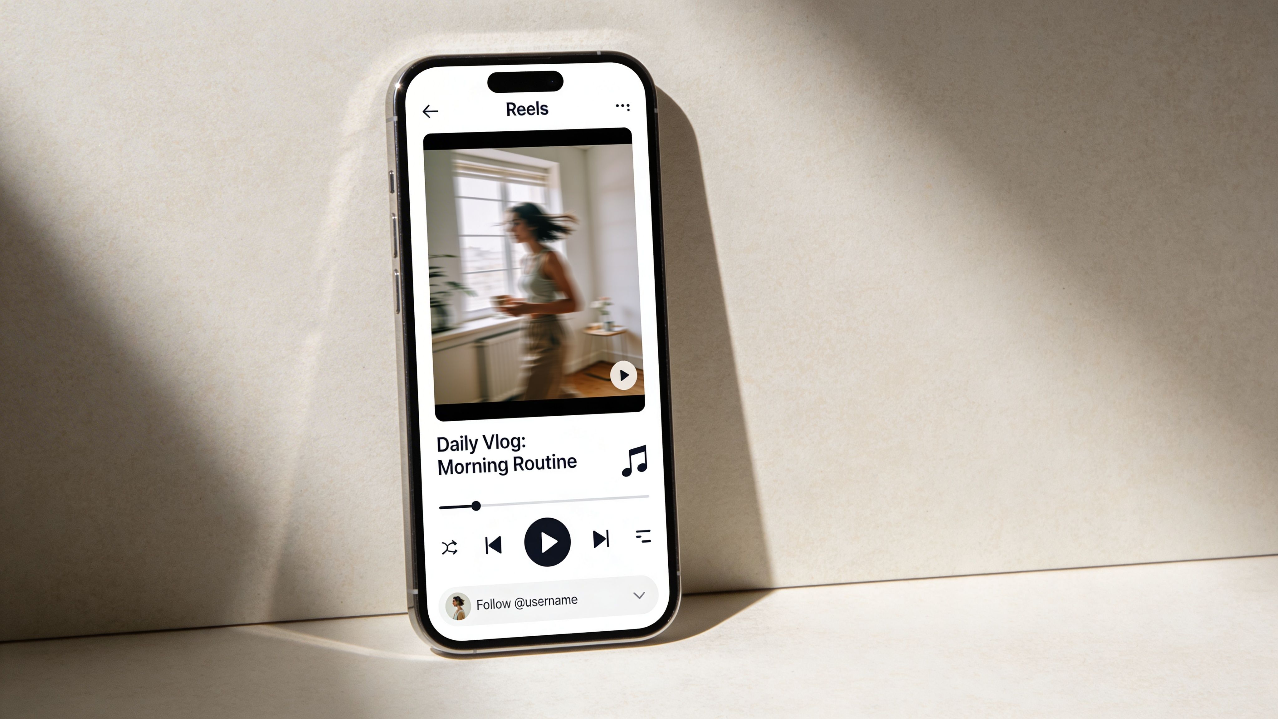 A smartphone screen displaying a morning routine reel on a mobile interface with media playback controls.