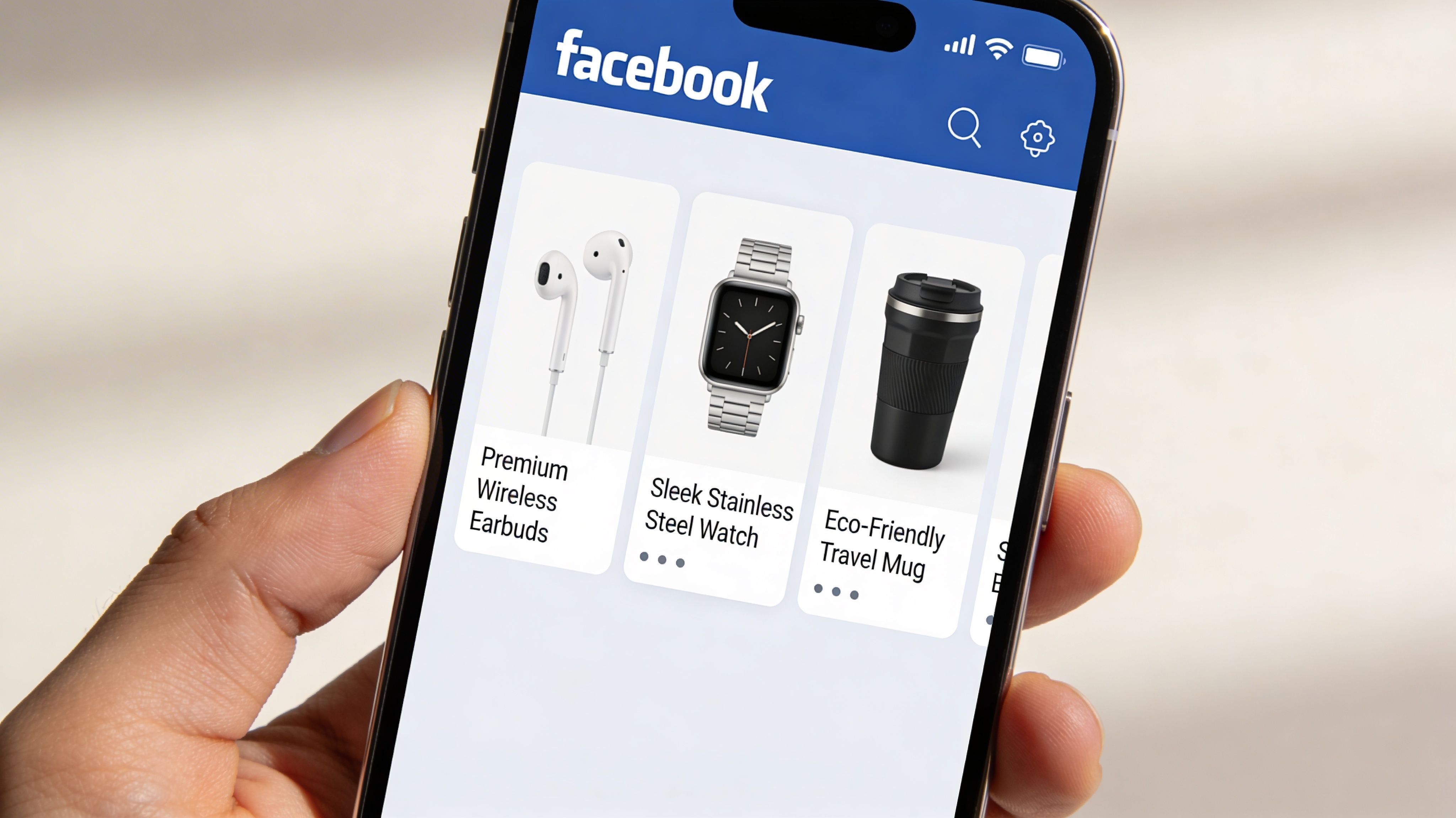A close-up view of a hand holding a smartphone displaying an advertisement for various consumer products on Facebook.