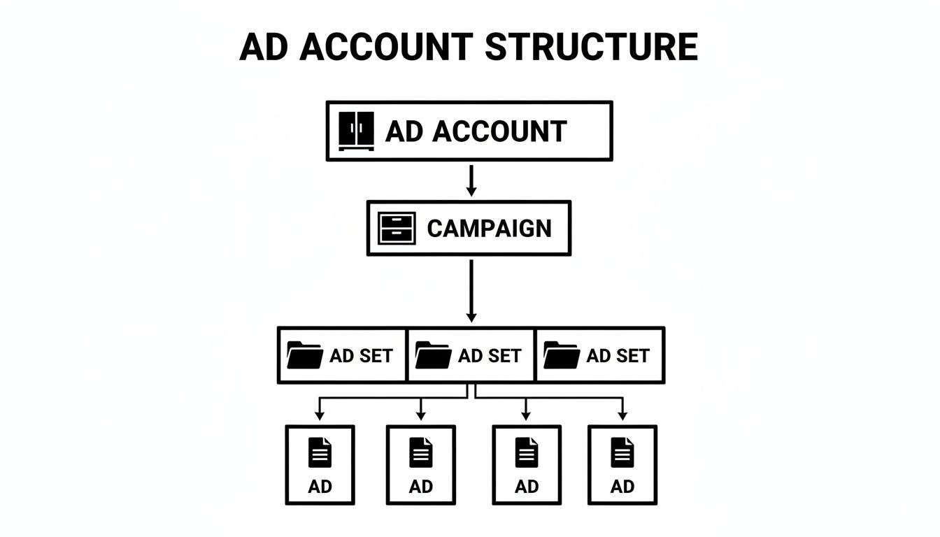 A hierarchical diagram illustrating the structure of an ad account, from account to ads.