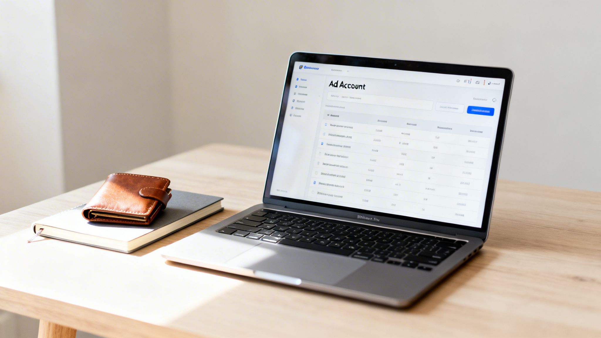 A laptop displaying an 'Ad Account' interface on a wooden desk with a wallet and notebooks.