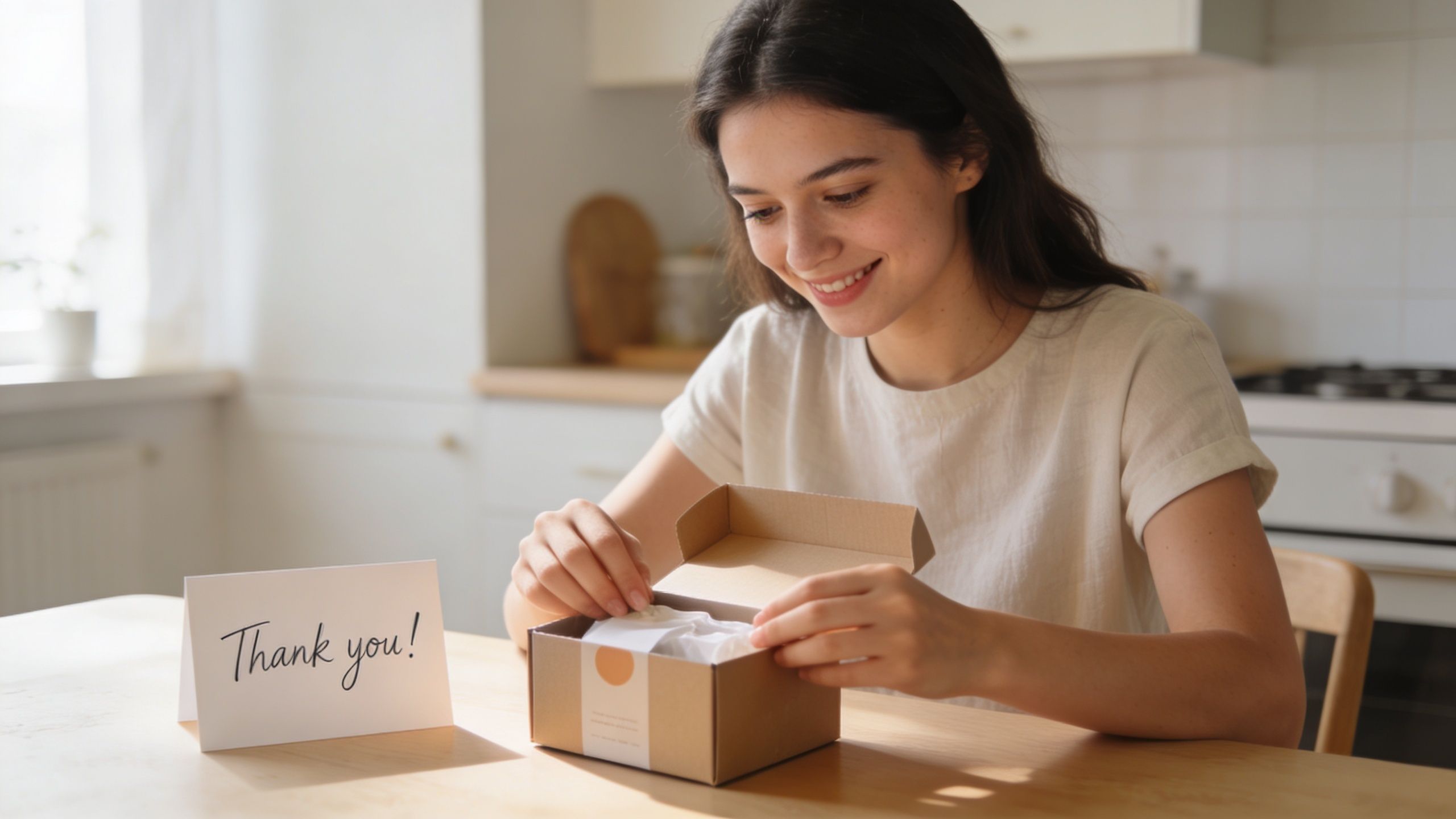 A young woman smiling while opening a small cardboard package at a kitchen table with a thank you note.