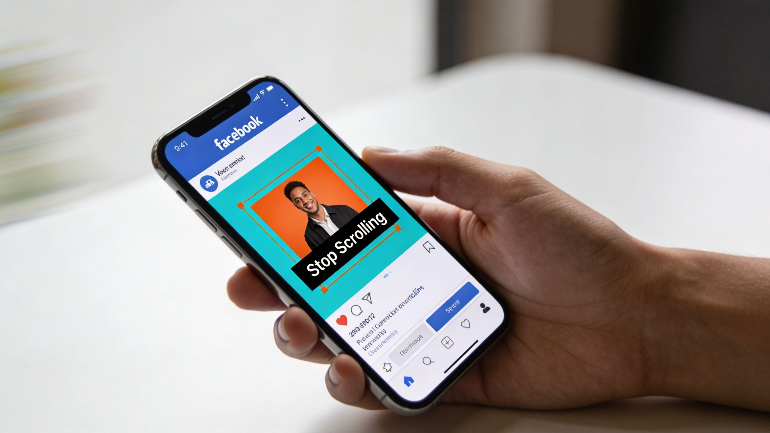 A smartphone held in a hand showing a Facebook post with a person and text Stop Scrolling
