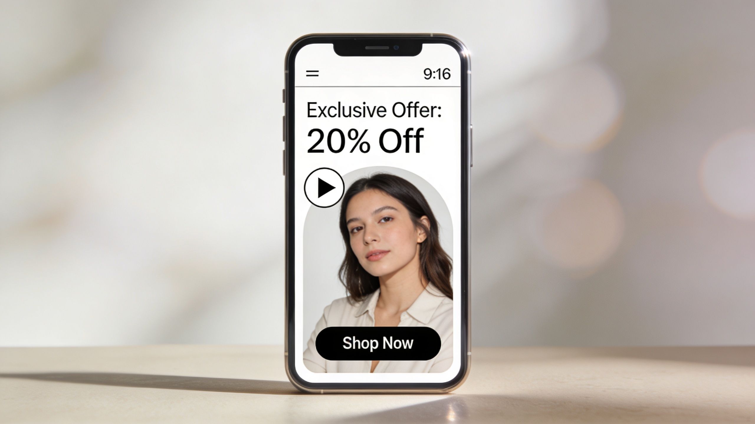 A modern smartphone displaying a promotional social media advertisement featuring a 20% discount offer and product.