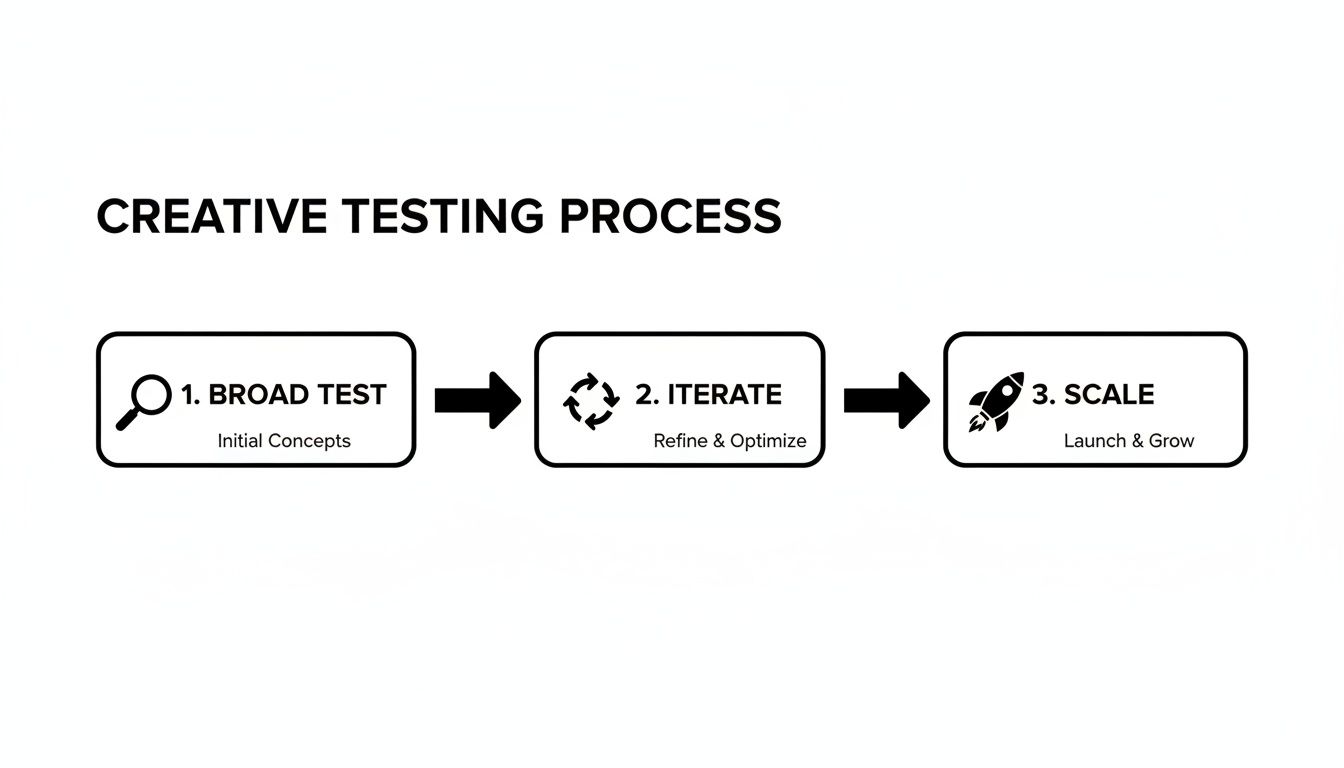 Diagram illustrating a creative testing process with three steps: broad test, iterate, and scale.