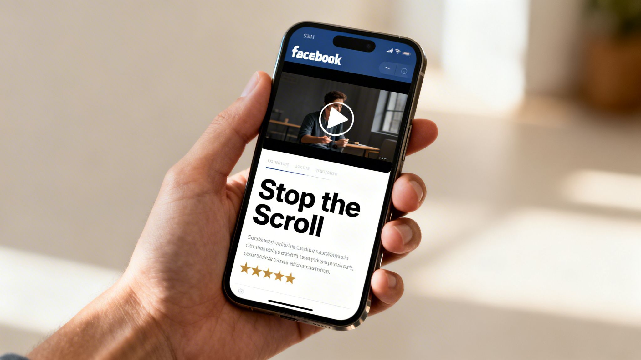 A person's hand holds a smartphone displaying a Facebook ad featuring a video, 'Stop the Scroll' headline, and five stars.