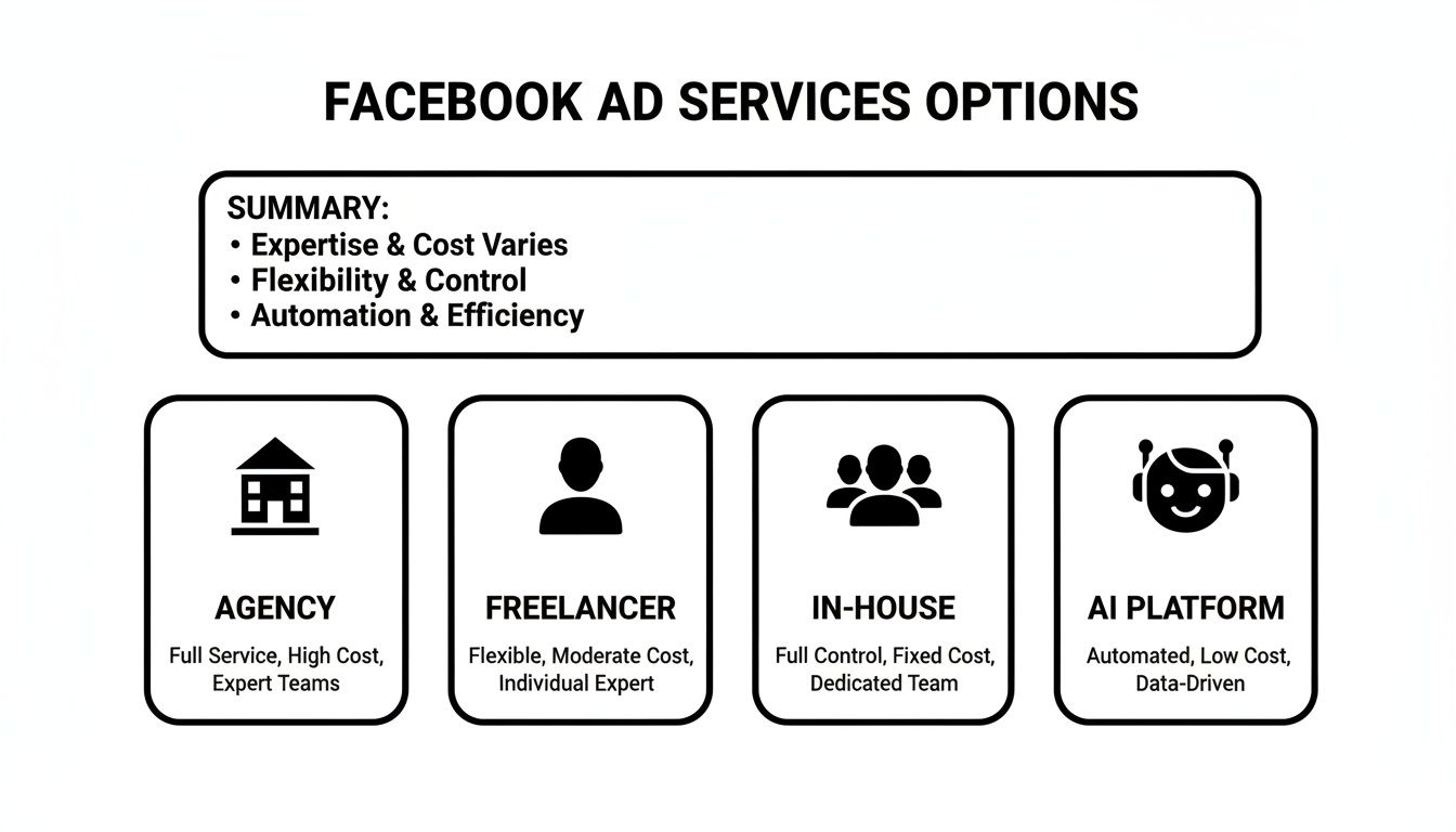 Infographic showing four Facebook ad service options: Agency, Freelancer, In-House, and AI Platform, with their characteristics.
