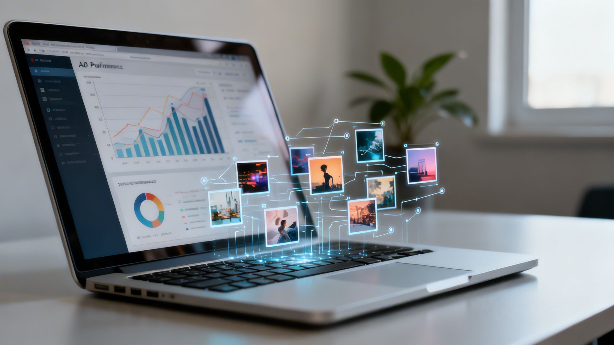 A laptop screen displays performance data and charts, with glowing digital images floating above the keyboard, representing interconnected content.