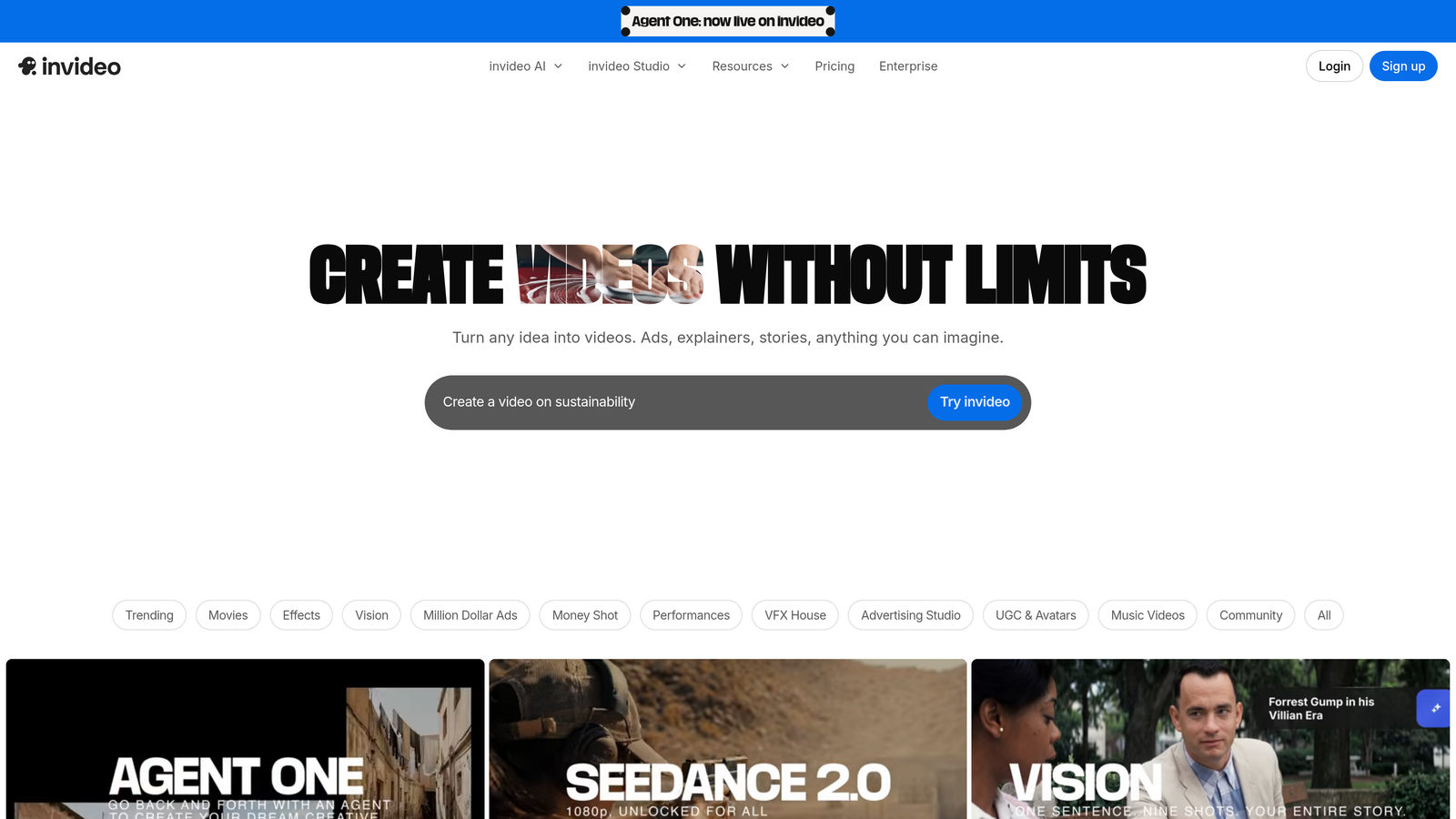 Screenshot of Invideo AI website
