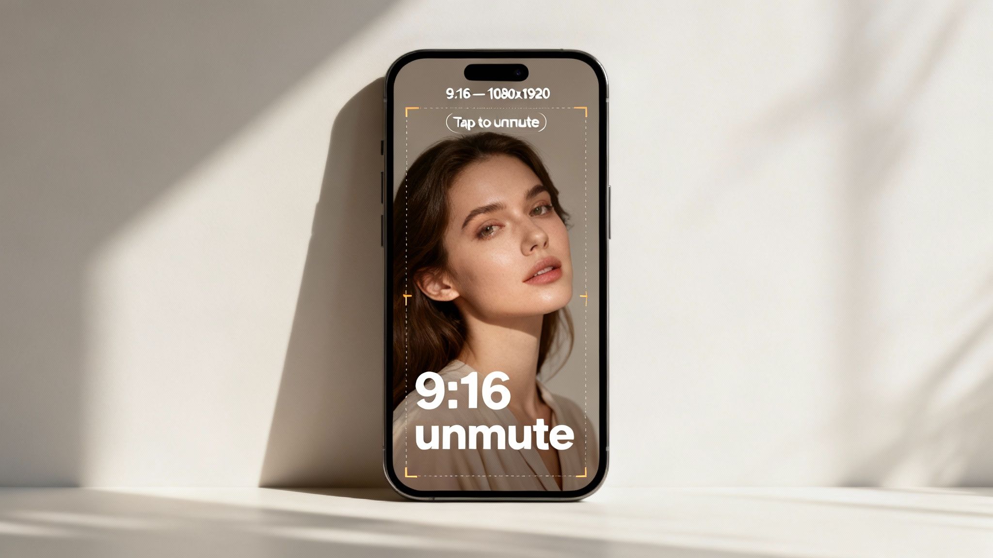 An iPhone displaying a 9:16 portrait video of a woman, with 'Tap to unmute' text, against a wall with shadows.