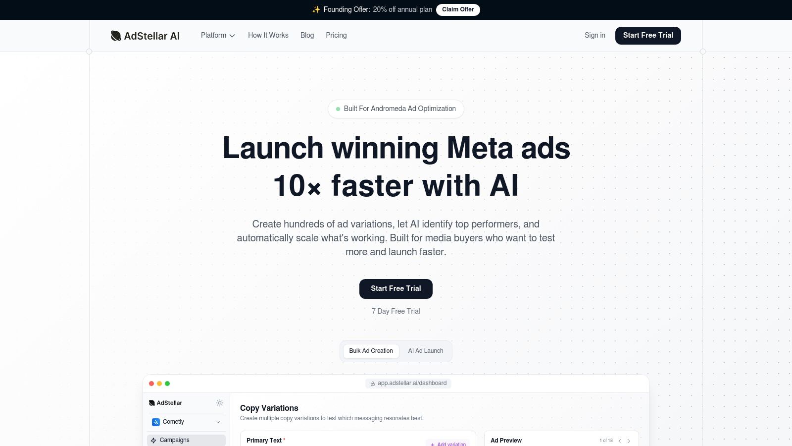 AdStellar AI platform showing campaign performance metrics