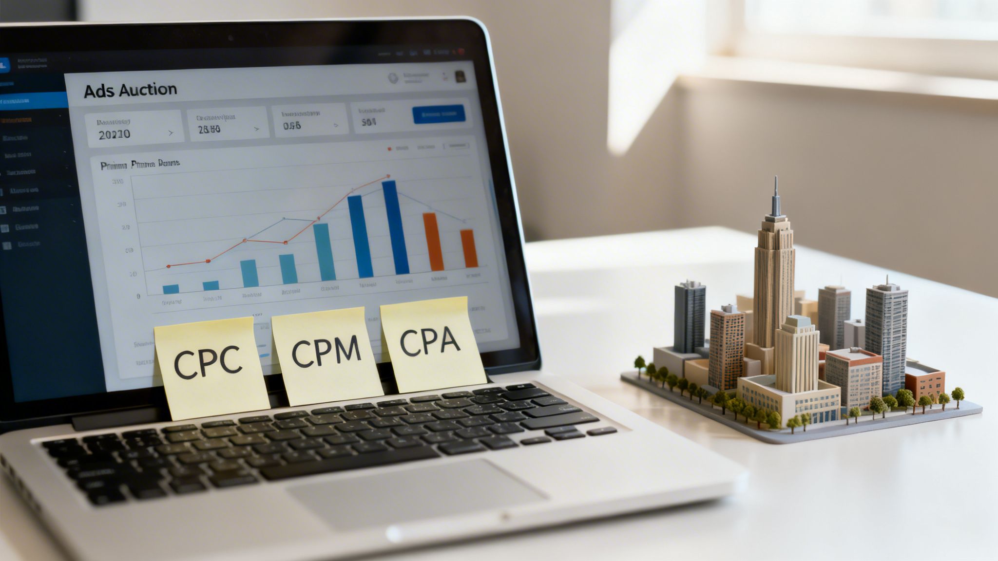 Laptop displaying an 'Ads Auction' dashboard with 'CPC', 'CPM', 'CPA' sticky notes and a cityscape model.