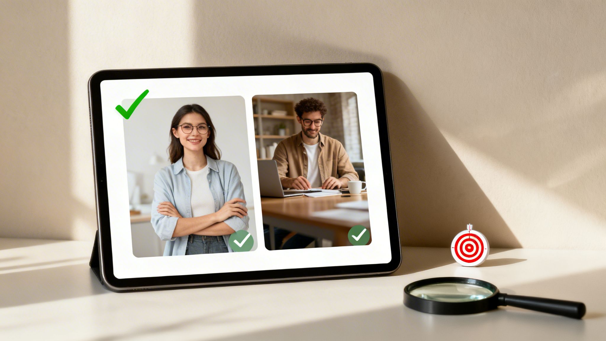 A tablet displays two candidate profiles with green checkmarks, next to a target and magnifying glass.