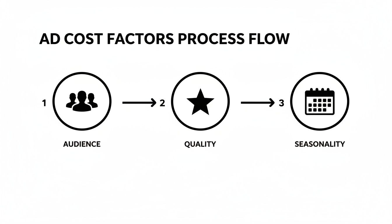 A flow chart explaining ad cost factors: audience, quality, and seasonality, with numbered steps.