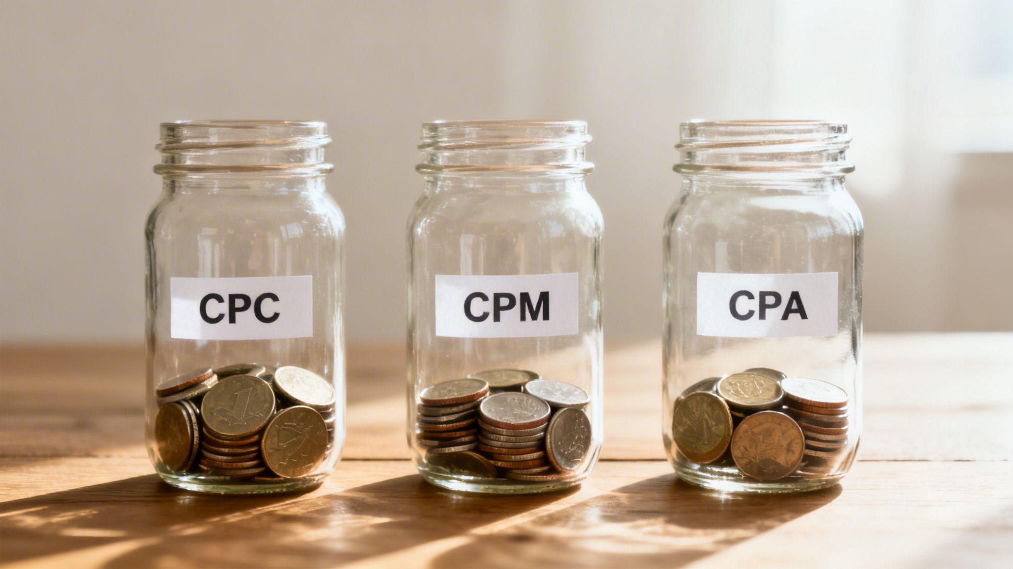 Three glass jars labeled CPC, CPM, and CPA, each containing stacks of coins, representing digital advertising costs.