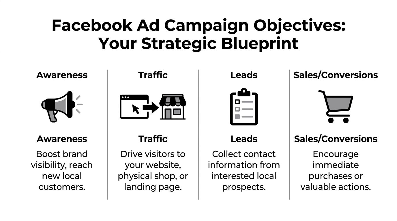 A strategic blueprint diagram detailing the four main Facebook ad campaign objectives: Awareness, Traffic, Leads, and Sales/Conversions.